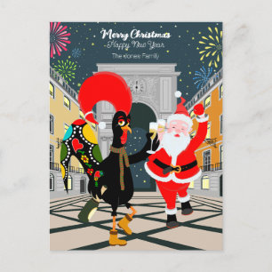 Postal Gallo portugués y Santa brindan por el Año Nuevo