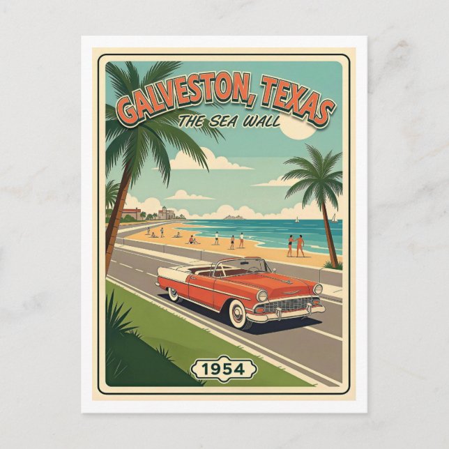 Postal Galveston TX Muralla del Mar Retro 1950s (Anverso)