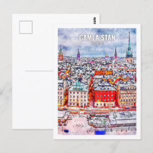 Postal Gamla Stan Suecia famoso boceto acuático de viajes