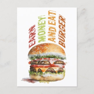 Postal Ganar Dinero Y Comer Hamburguesa, Humorístico Dise