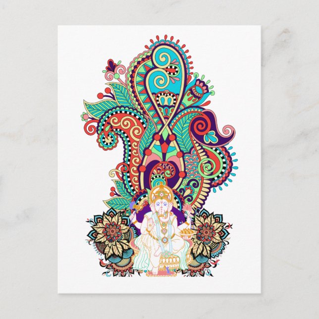 Postal Ganesh Dios Elefante Colorido Paisley (Anverso)