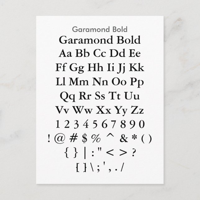 Postal Garamond Bold - Zazzle Font Sampler Sheet (Anverso)