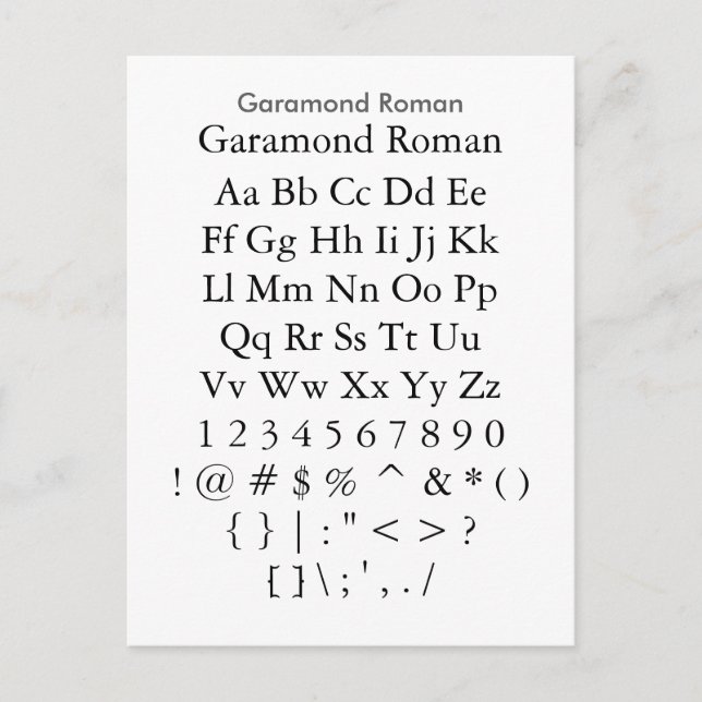 Postal Garamond Roman - Zazzle Font Sampler Sheet (Anverso)