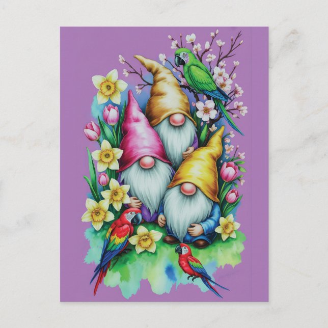 Postal Garden Gnomes with Parrots and Spring Florals (Anverso)