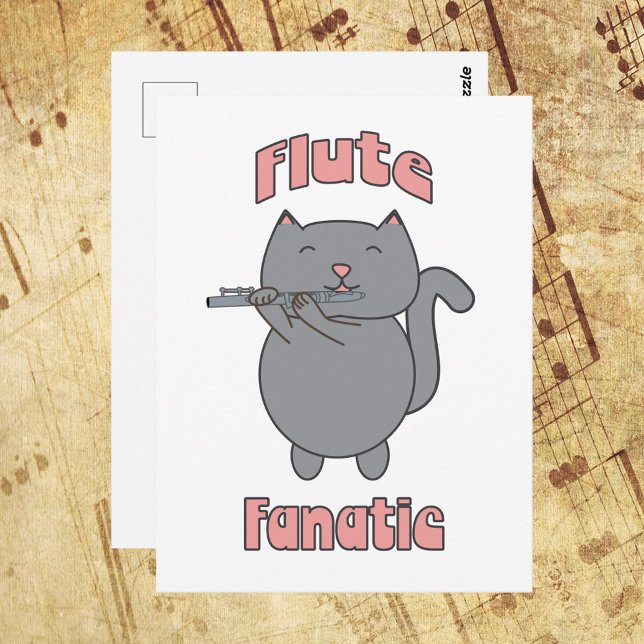 Postal Gata Gris Fanática de la Flauta Rosa  (A postcard featuring a gray cat playing the flute with the words Flute Fanatic in pink.)