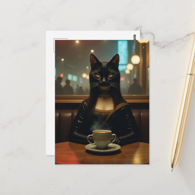 Postal Gata Mona Lisa en una cafetería (Anverso/Reverso In Situ)