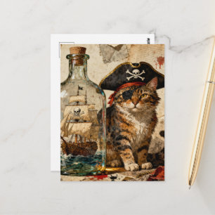 Postal Gata Pirata Con un Barco en una Botella