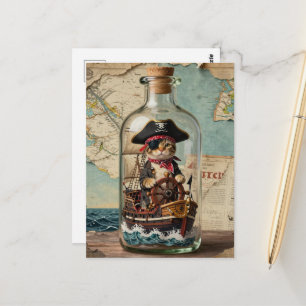 Postal Gata Pirata en un Barco en una Botella