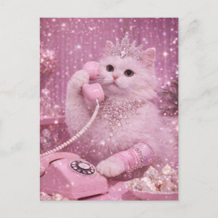 Postal Gatita Princesa Glamurosa Usando Teléfono Rosa