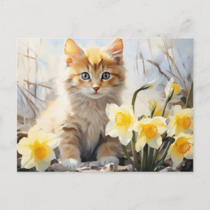 Postal Gatito acuarela y narcisos 
