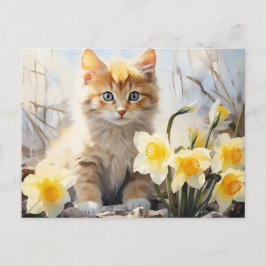 Postal Gatito acuarela y narcisos
