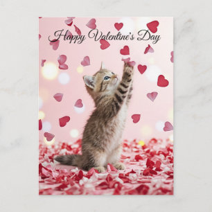 Postal Gatito Adorable Atrapando Pétalos de Corazón de Sa
