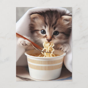 Postal Gatito Adorable comiendo fideos de Ramen