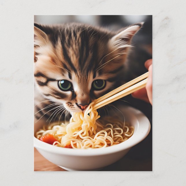 Postal Gatito Adorable comiendo fideos de Ramen (Anverso)