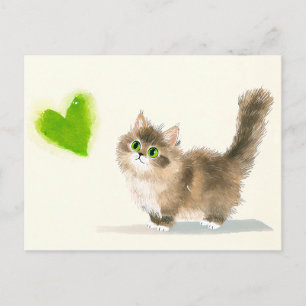 Postal Gatito Adorable con Corazón Verde – Diseño Minimal