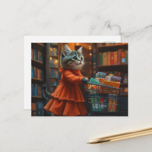 Postal Gatito Adorable con Vestido Naranja Comprando Come