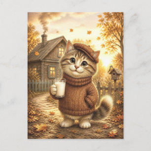 Postal Gatito adorable de otoño en suéter sosteniendo vas
