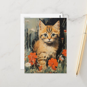 Postal Gatito Adorable en la pintura de época de flores