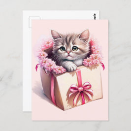 Postal Gatito Adorable en una caja regalo de cumpleaños