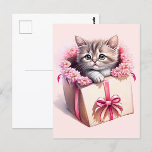 Postal Gatito Adorable en una caja regalo de cumpleaños