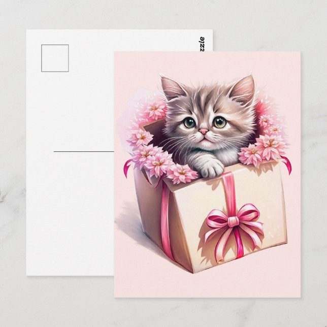 Postal Gatito Adorable en una caja regalo de cumpleaños (Anverso / Reverso)