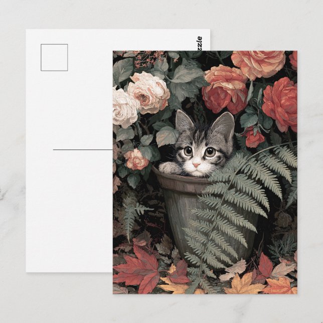 Postal Gatito Adorable en una maceta de flores (Anverso / Reverso)