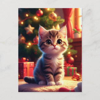 Postal Gatito Adorable Junto al Árbol de Navidad Decorado