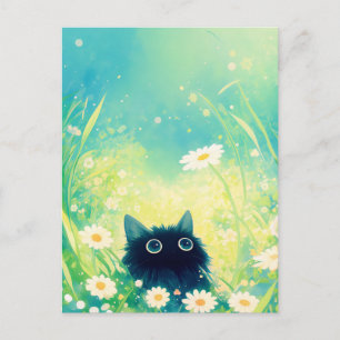 Postal Gatito Asomándose a Través de un Campo de Verano d