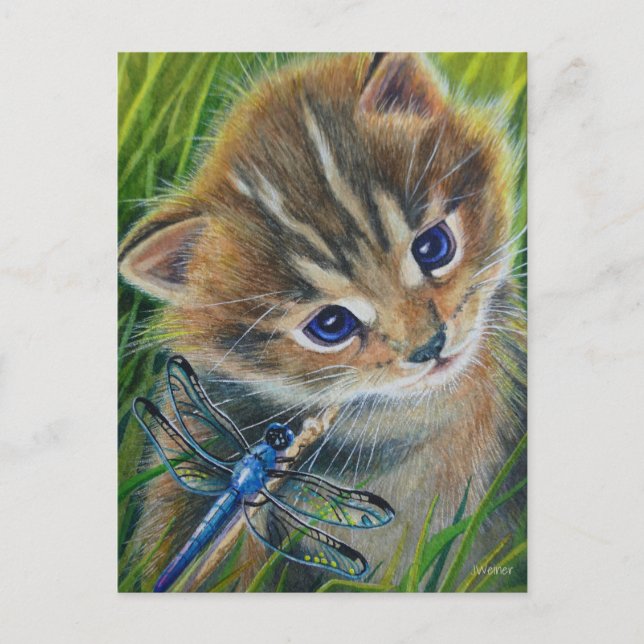 Postal Gatito atigrado marrón y libélula Arte de acuarela (Anverso)