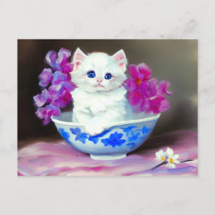 Postal Gatito blanco vintage con flores rosas