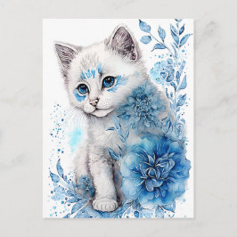 Postal Gatito blanco y azul con flores