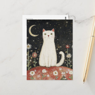 Postal Gatito blanco y la luna