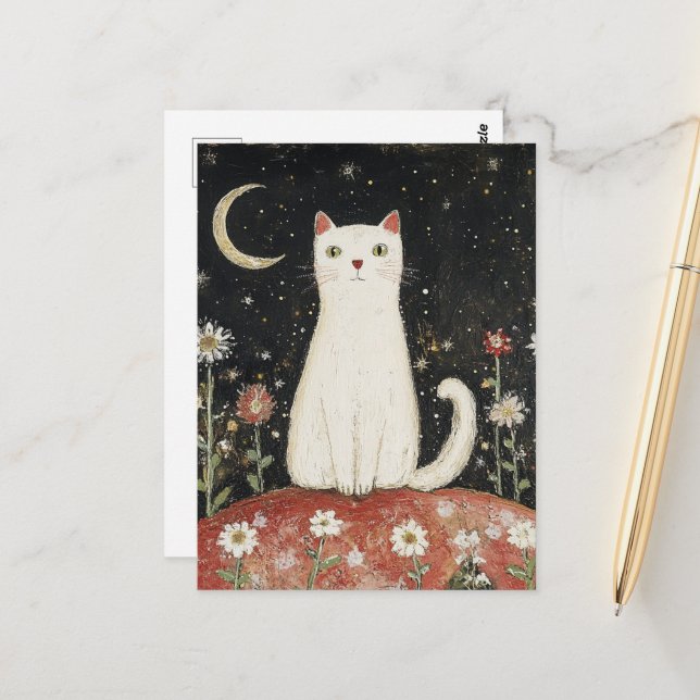Postal Gatito blanco y la luna (Anverso/Reverso In Situ)