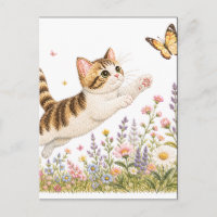 Gatito Bordado Persiguiendo Mariposa en Flor Silve