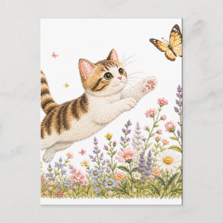 Postal Gatito Bordado Persiguiendo Mariposa en Flor Silve