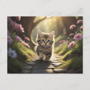 Postal Gatito caminando por el camino entre las flores