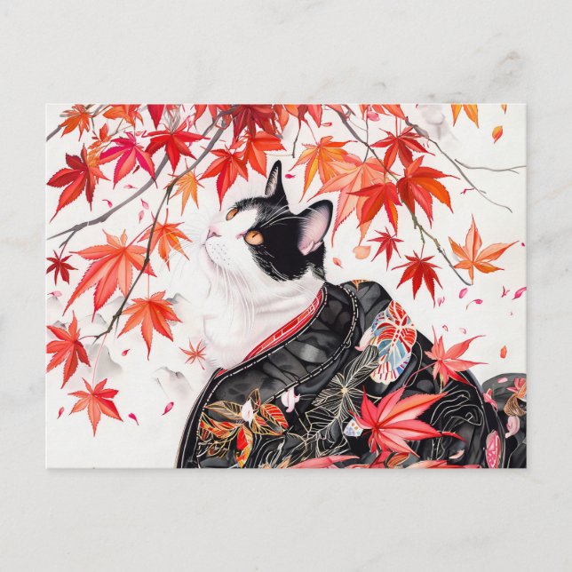 Postal Gatito curioso en otoño sale con tinta china (Anverso)