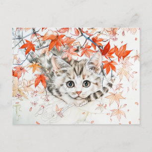 Postal Gatito curioso en otoño sale en papel de tinta chi