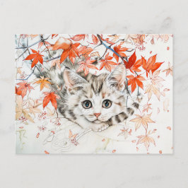 Postal Gatito curioso en otoño sale en papel de tinta chi