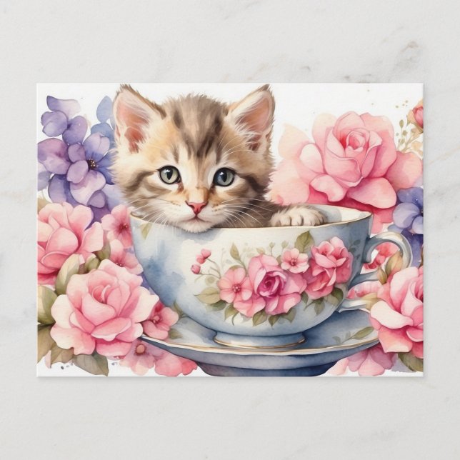 Postal Gatito de acuarela en taza de té con flores  (Anverso)