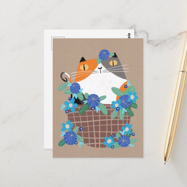 Postal Gatito de Calico y flores (Anverso/Reverso In Situ)