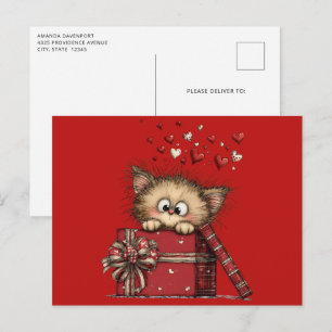 Postal Gatito de dibujos animados lindo con corazones