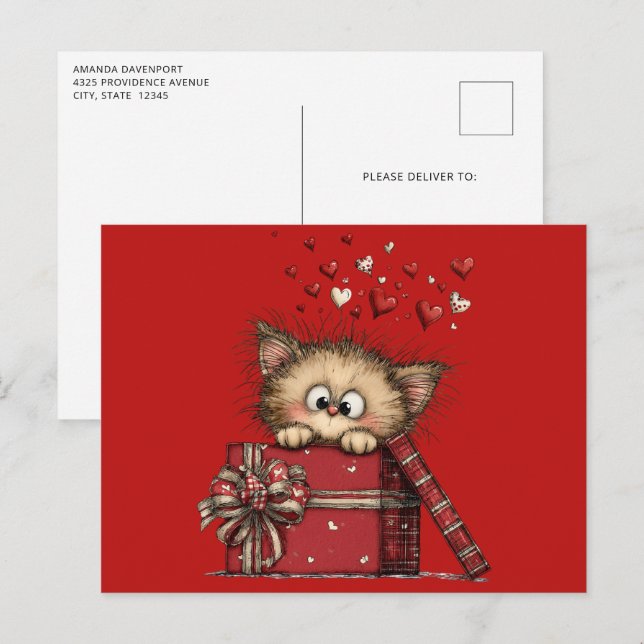 Postal Gatito de dibujos animados lindo con corazones (Anverso / Reverso)