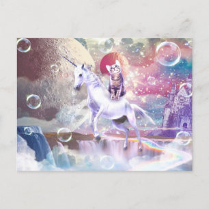 Postal Gatito de galaxia arco iris montando unicornio en 