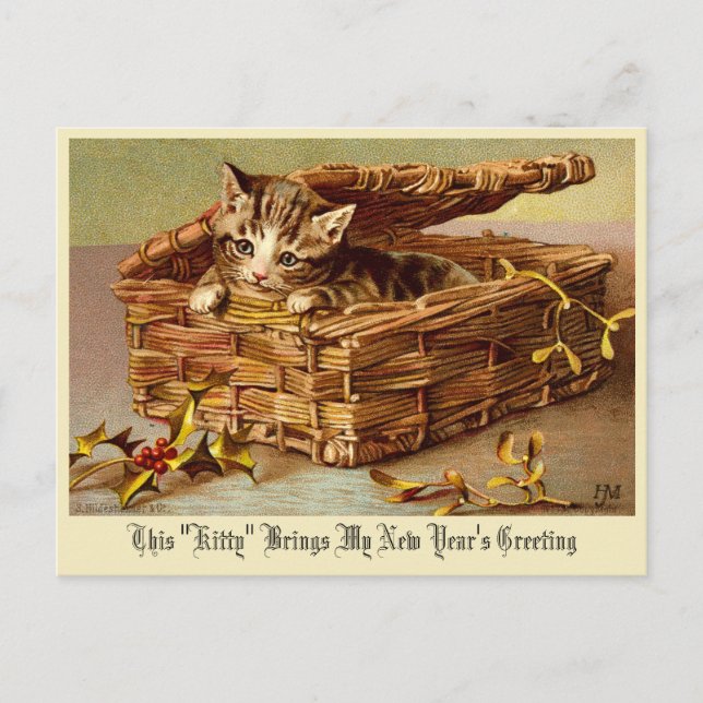 Postal Gatito de la era victoriana con "Año Nuevo" alegre (Anverso)
