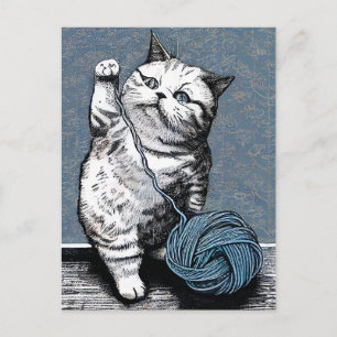 Postal Gatito de linotipia jugando con una bola de hilo