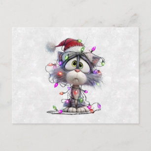 Postal Gatito de Navidad enredado en luces