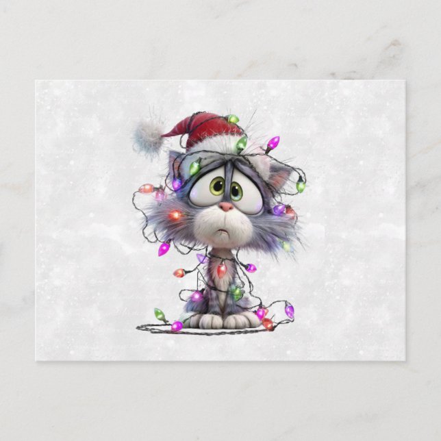 Postal Gatito de Navidad enredado en luces (Anverso)