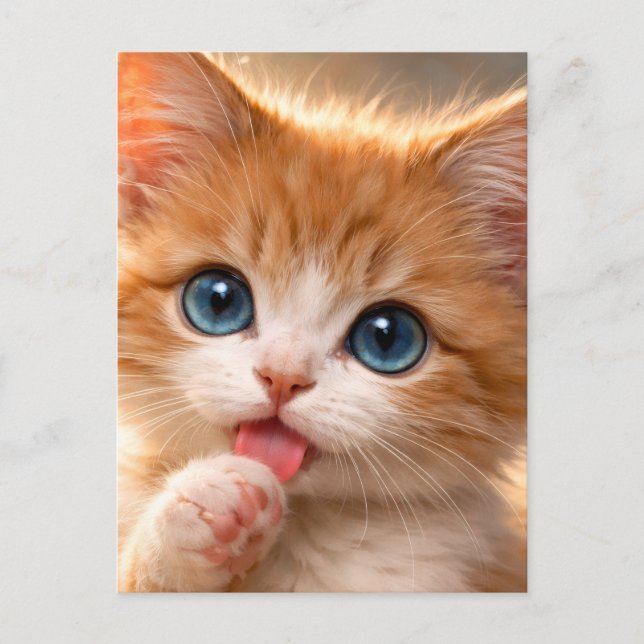 Postal Gatito de ojos azules lamiendo su pata (Anverso)