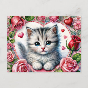 Postal Gatito de San Valentín con Rosas Rojas